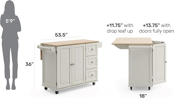 Homestyles Mobile Kitchen Island Cart with Wood Drop Leaf Breakfast Bar, Off White,Soft White, 54 Inch Width - LeafyLoom