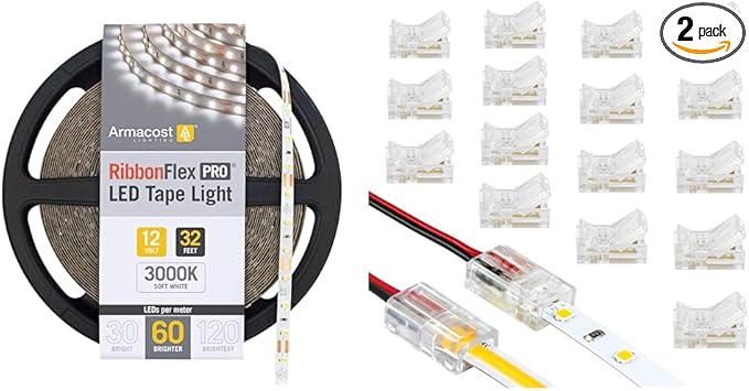 Armacost Lighting 142250 Ribbon Flex Pro Tape Light 60 LEDs/m, Soft Bright White 3000K 32.8 ft. Professional Grade LED Strip Lights & 566021 White/Single Color LED Wire to Tape Connector - 18 Pk ArmacostLighting