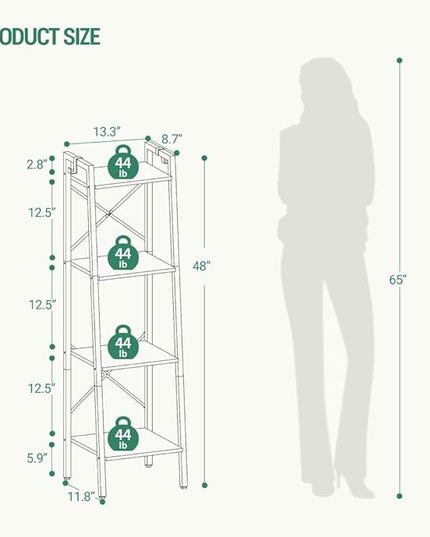 Ladder Shelf, Bookshelf Bookcase, Freestanding Corner Storage Shelve with 2 Hooks for Home Office, Living Room, Kitchen, Bedroom, Industrial, 4-Tier Greige BC13205B - LeafyLoom