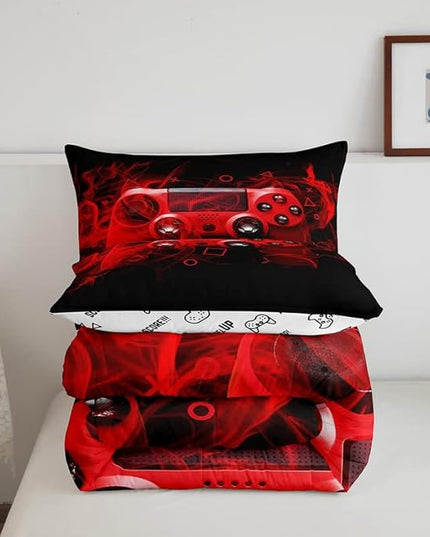 Feelyou Kids Gaming Comforter Set King Size Gamer Bedroom Decor for Boys Girls Teens Video Game Controller Bedding Set Youth Gaming Console Comforter Red Black Geometry with 2 Pillow Case - LeafyLoom