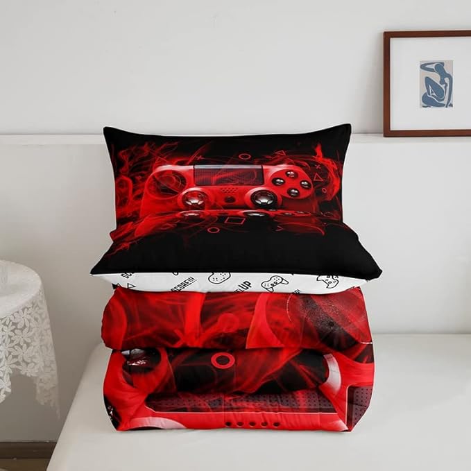 Feelyou Kids Gaming Comforter Set King Size Gamer Bedroom Decor for Boys Girls Teens Video Game Controller Bedding Set Youth Gaming Console Comforter Red Black Geometry with 2 Pillow Case - LeafyLoom