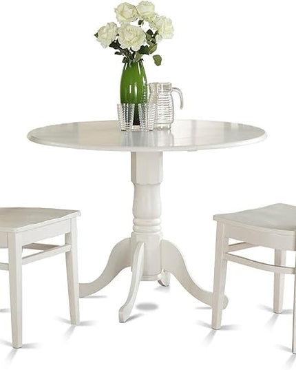 East West Furniture DLGR3-WHI-W 3 Piece Dining Table Set for Small Spaces Contains a Round Dining Room Table with Dropleaf and 2 Wood Seat Chairs, 42x42 Inch, Linen White - LeafyLoom