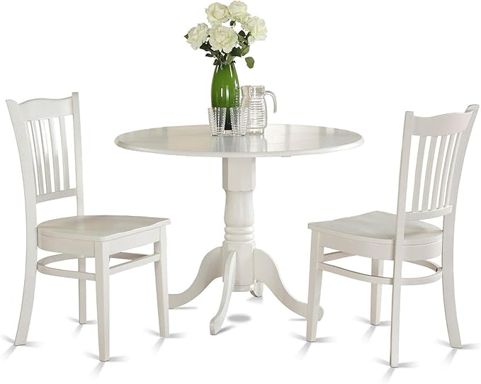East West Furniture DLGR3-WHI-W 3 Piece Dining Table Set for Small Spaces Contains a Round Dining Room Table with Dropleaf and 2 Wood Seat Chairs, 42x42 Inch, Linen White - LeafyLoom