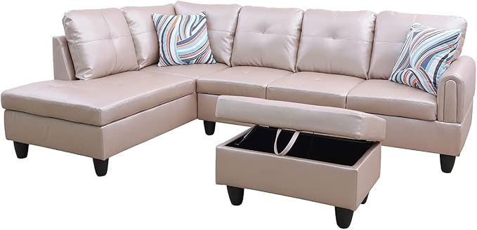 L Shaped Sofa with Ottoman Modern Sectional Living Room, Bedroom, Office, L Couch Persistent Pink - LeafyLoom