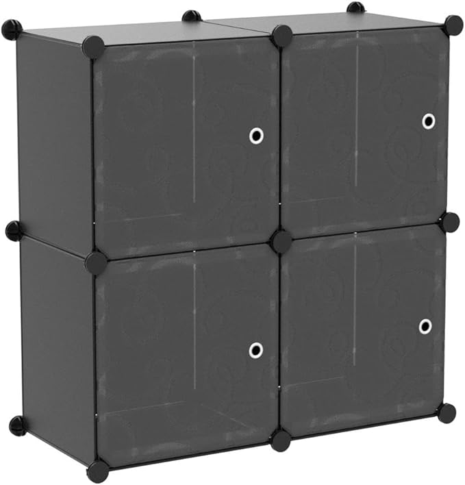 C&AHOME Cube Storage Organizer with Doors, 4-Cube Shelves, Closet Cabinet, DIY Plastic Modular Bookshelf Ideal for Bedroom, Living Room, 24.8" L x 12.4" W x 24.8" H Black SHS04B-DOOR - LeafyLoom