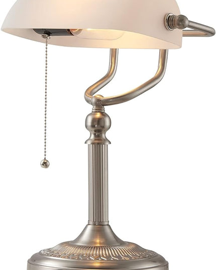 Newrays White Matted Glass Bankers Desk Lamp with Pull Chain Switch Plug in Fixture,Sand Nickel Base - LeafyLoom