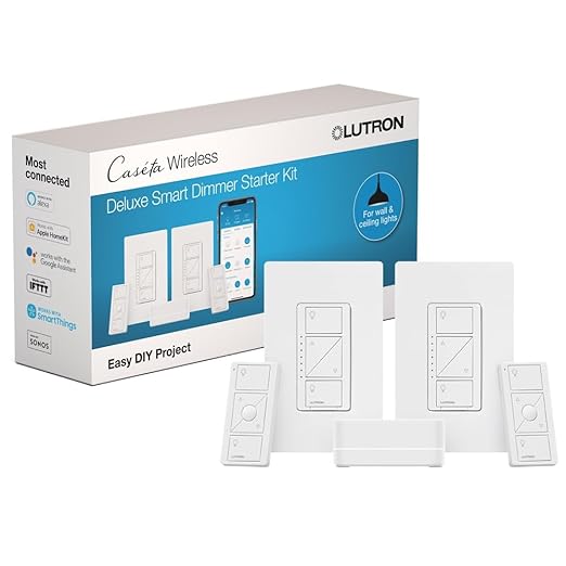 Lutron Caseta Original Smart Dimmer Switch Kit, 2 Dimmer Switches, 2 Wall Plates, 2 Pico Remotes, and Smart Hub, Works with Alexa, Apple Home, Google Home, 3 Way, 150W, No Neutral, P-BDG-PKG2W-A Lutron