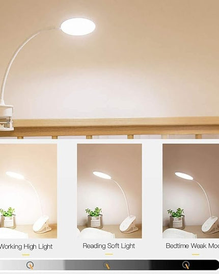 Clip on Lamp,Battery Powered Reading Lamp,Clip on Light for Bed Clip on Battery Light with 3 Brightness Level,USB Rechargeable, Reading Lamp - LeafyLoom