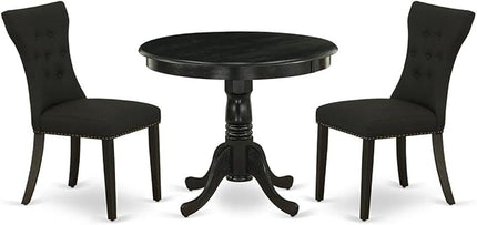 East West Furniture ANGA3-ABK-24 3 Piece Dinette Set for Small Spaces Contains a Round Kitchen Table with Pedestal and 2 Linen Fabric Parson Dining Chairs, Wirebrushed Black - LeafyLoom