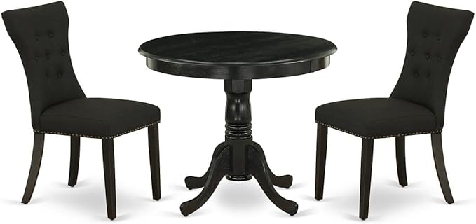 East West Furniture ANGA3-ABK-24 3 Piece Dinette Set for Small Spaces Contains a Round Kitchen Table with Pedestal and 2 Linen Fabric Parson Dining Chairs, Wirebrushed Black - LeafyLoom