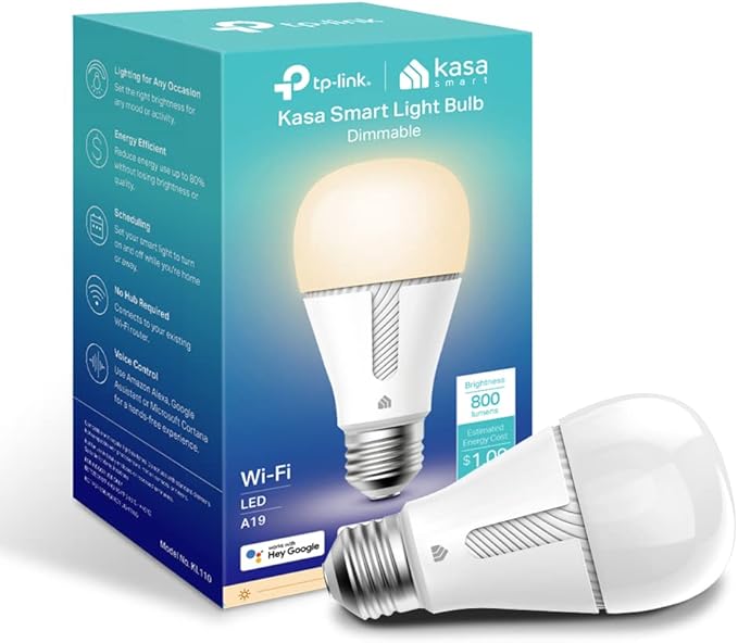 Kasa Smart Light Bulb KL110, LED Wi-Fi smart bulb works with Alexa and Google Home, A19 Dimmable, 2.4Ghz, No Hub Required, 800LM Soft White (2700K), 9W (60W Equivalent) KasaSmartbyTP-Link