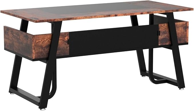 Tribesigns 63 inch Computer Desk Modern Office Desk with Shelf for Home Office, Large Writing Table Wood Business Workstation with Storage Shelves and Sturdy Metal Frame for Study Bedroom, Black Brown - LeafyLoom