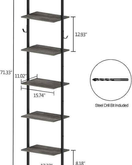 Retro Bookshelf Wall Mounted 5-Tiers Ladder Shelf Dark Grey Narrow Thin Bookshelf Farm House Open Display Storage Rack for Living Room Bedroom Home Office - LeafyLoom