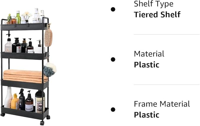 Arogan Slim Rolling Storage Cart with Wheels, 4 Tier Bathroom Storage Cart Laundry Room Organizer, Rolling Utility Cart for Kitchen, Bathroom, Laundry Room, Office, Narrow Place(Black) - LeafyLoom