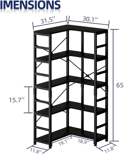 NUMENN 5 Tier Corner Bookshelf, Modern Corner Bookcase, Large Open Shelf Bookcase, Tall Bookshelves Storage Display Rack for Bedroom, Living Room and Home Office, Black - LeafyLoom