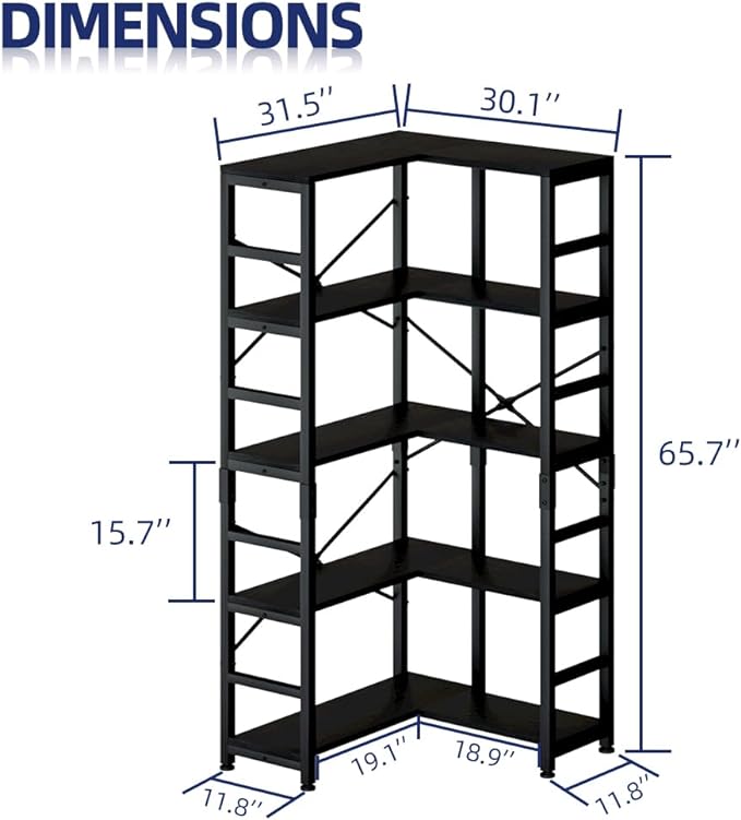 NUMENN 5 Tier Corner Bookshelf, Modern Corner Bookcase, Large Open Shelf Bookcase, Tall Bookshelves Storage Display Rack for Bedroom, Living Room and Home Office, Black - LeafyLoom