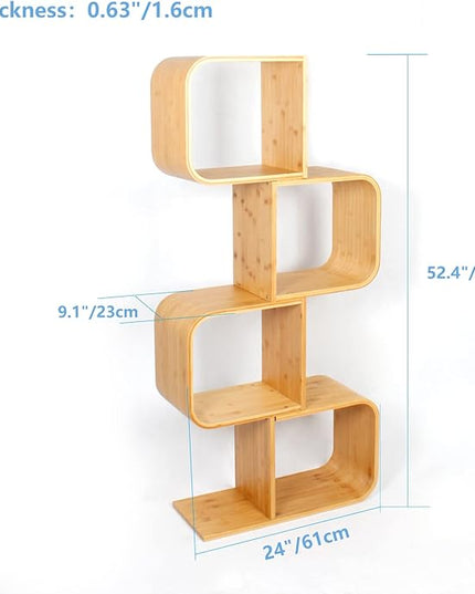 4-Tier S-Shaped Geometric Modern Bamboo Bookshelf, Large Capacity Creative Display Curved Rack Free-standing Bedside Table 2 in 1 Bookcase Storage CDs, DVDs Book Shelf for Home, Office, Living Room - LeafyLoom