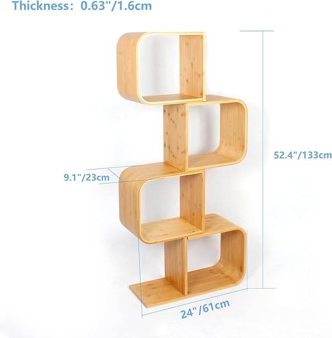 4-Tier S-Shaped Geometric Modern Bamboo Bookshelf, Large Capacity Creative Display Curved Rack Free-standing Bedside Table 2 in 1 Bookcase Storage CDs, DVDs Book Shelf for Home, Office, Living Room - LeafyLoom