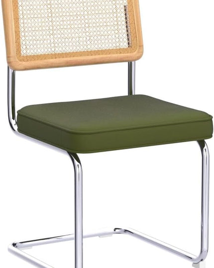 Zesthouse Mid Century Modern Dining Chairs Set of 2, Velvet Accent Chairs with Natural Cane Back & Stainless Chrome Base, Famous Breuer Designed Chairs, Upholstered Rattan Kitchen Chairs,Green - LeafyLoom