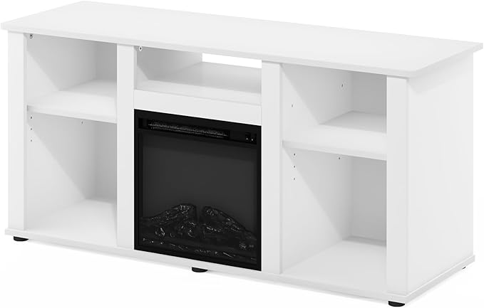 Furinno Jensen Fireplace TV Entertainment Center with Open Storage Compartment for TV up to 55 Inch, Solid White - LeafyLoom