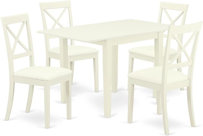 East West Furniture NDBO5-LWH-LC Norden 5 Piece Dinette Set for 4 Includes a Rectangle Room Table with Dropleaf and 4 Faux Leather Kitchen Dining Chairs, 30x48 Inch, Linen White - LeafyLoom