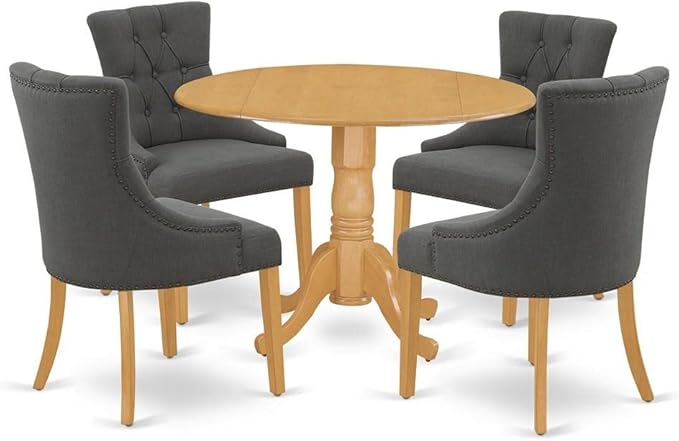 East West Furniture Dublin 5 Piece Set Includes a Round Dining Room Table with Dropleaf and 4 Dark Gotham Linen Fabric Upholstered Parson Chairs, 42x42 Inch, DLFR5-OAK-20 - LeafyLoom
