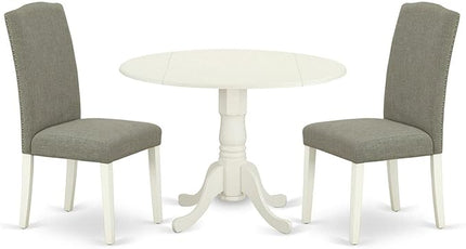 East West Furniture Dublin 3 Piece Modern Set Contains a Round Wooden Table with Dropleaf and 2 Dark Shitake Linen Fabric Parson Dining Chairs, 42x42 Inch, DLEN3-LWH-06 - LeafyLoom