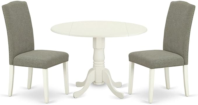 East West Furniture Dublin 3 Piece Modern Set Contains a Round Wooden Table with Dropleaf and 2 Dark Shitake Linen Fabric Parson Dining Chairs, 42x42 Inch, DLEN3-LWH-06 - LeafyLoom