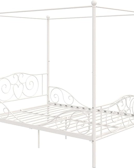 DHP Metal Canopy Kids Platform Bed with Four Poster Design, Scrollwork Headboard and Footboard, Underbed Storage Space, No Box Sring Needed, Full, White - LeafyLoom
