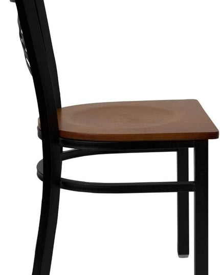 Flash Furniture HERCULES Series Black ''X'' Back Metal Restaurant Chair - Cherry Wood Seat - LeafyLoom