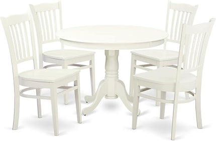 East West Furniture HLGR5-LWH-W 5 Piece Dining Room Furniture Set Includes a Round Dining Table with Pedestal and 4 Wood Seat Chairs, 42x42 Inch, Linen White - LeafyLoom