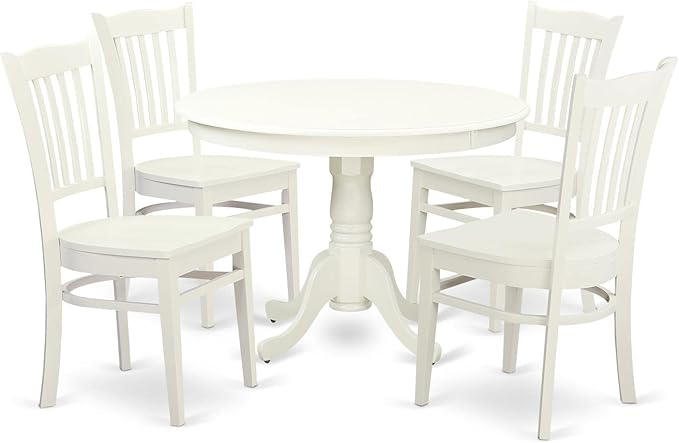 East West Furniture HLGR5-LWH-W 5 Piece Dining Room Furniture Set Includes a Round Dining Table with Pedestal and 4 Wood Seat Chairs, 42x42 Inch, Linen White - LeafyLoom