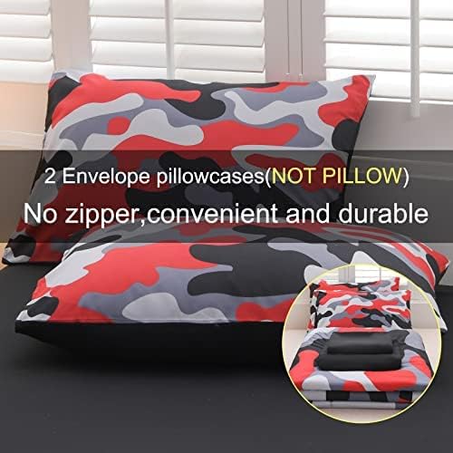 Meeting Story Camouflage Bedding Set, Colorful Pattern Style Comforter Set, 5 PCS One Comforter Two Pillowcases Two Sheets in One Bag, All Season Bedspread for Teens Adults (Red-Black,Queen5pcs - LeafyLoom