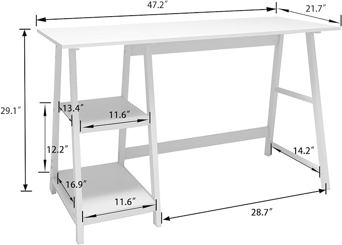 Natwind 47" White Desk with 2-Tier Storage Shelves,Home Office Computer Desk, Study Table for Kids Student Girls,Writing Desk,Modern Simple Basic Desk Workstation for Bedroom Home Office - LeafyLoom