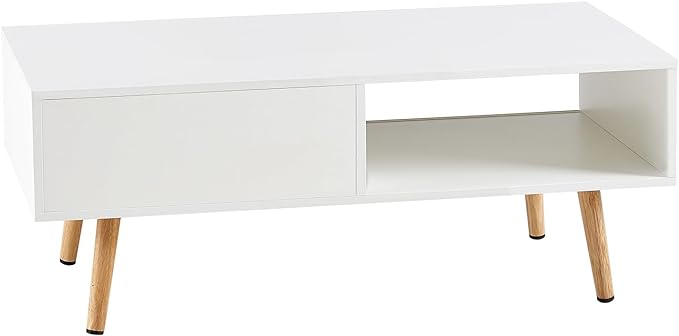 41.34" Mid Century Modern Coffee Table with Storage, Rectangle Wooden Accent Center Sofa Table with Sliding PE Rattan Woven Door Panel and Solid Wood Legs, Suitable for Living Room, Apartment - LeafyLoom