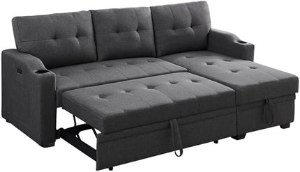 83 Inch Convertible L Shaped Sleeper Sectional Sofa Linen with Storage Chaise, Pull Out Bed, Cup Holder, USB Charging Port, Side Pocket, Reversible Corner Couch Design, 83inch, Black - LeafyLoom