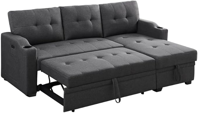 83 Inch Convertible L Shaped Sleeper Sectional Sofa Linen with Storage Chaise, Pull Out Bed, Cup Holder, USB Charging Port, Side Pocket, Reversible Corner Couch Design, 83inch, Black - LeafyLoom