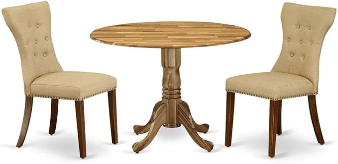 East West Furniture Dublin 3 Piece Kitchen Set for Small Spaces Contains a Round Dining Room Table with Dropleaf and 2 Brown Linen Fabric Padded Chairs, 42x42 Inch, DLGA3-ANA-03 - LeafyLoom