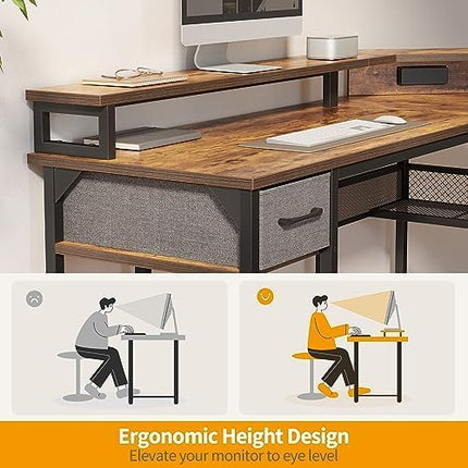 CubiCubi L Shaped Gaming Desk with LED Lights and Power Outlets, 58" Reversible Corner Computer Desk with Storage Shelves and Drawer, Home Office Desk with Monitor Stand, Rustic Brown - LeafyLoom