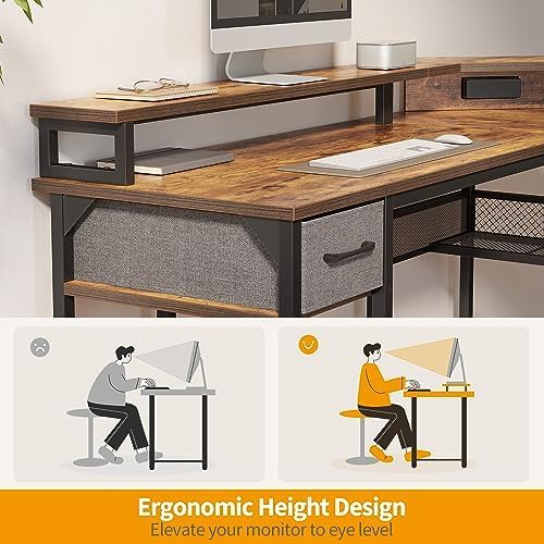 CubiCubi L Shaped Gaming Desk with LED Lights and Power Outlets, 58" Reversible Corner Computer Desk with Storage Shelves and Drawer, Home Office Desk with Monitor Stand, Rustic Brown - LeafyLoom