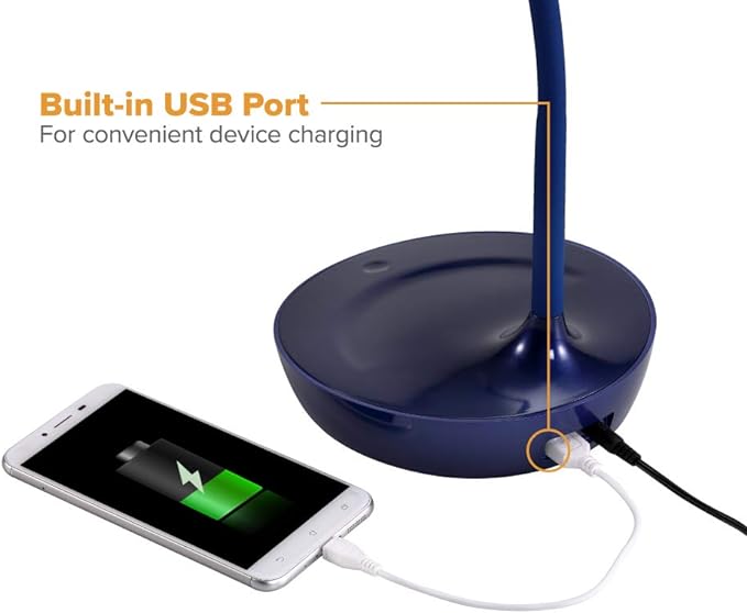 Bostitch Office KT-VLED1502-BLUE Gooseneck LED Desk Lamp with USB Charging Port, Dimmable, Navy Blue - LeafyLoom