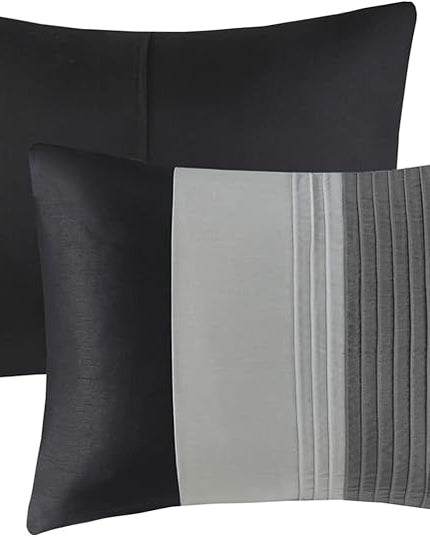Madison Park Amherst Faux Silk Comforter Set-Casual Contemporary Design All Season Down Alternative Bedding, Matching Shams, Bedskirt, Decorative Pillows, Queen(90"x90"), Black, 7 Piece (MP10-225) - LeafyLoom