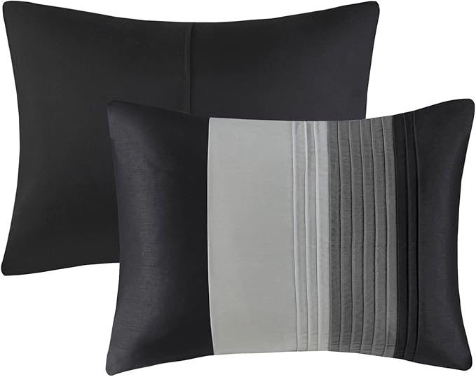Madison Park Amherst Faux Silk Comforter Set-Casual Contemporary Design All Season Down Alternative Bedding, Matching Shams, Bedskirt, Decorative Pillows, Queen(90"x90"), Black, 7 Piece (MP10-225) - LeafyLoom