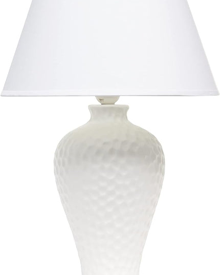 Simple Designs LT2004-WHT Hammered Stucco Curvy Ceramic Table Lamp, White - LeafyLoom