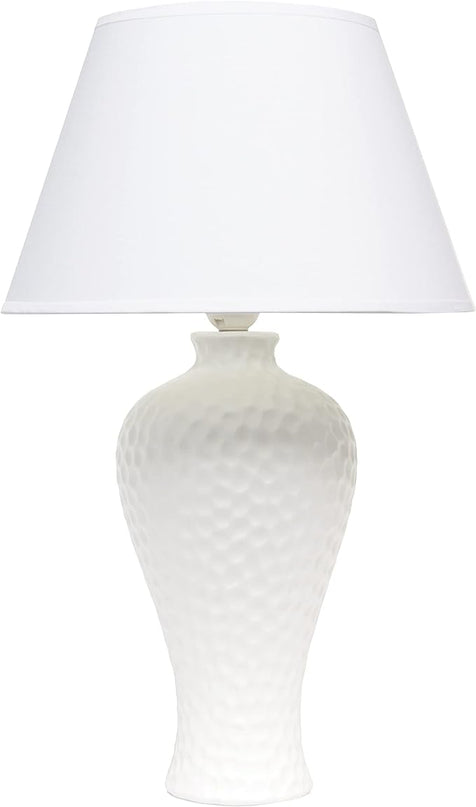 Simple Designs LT2004-WHT Hammered Stucco Curvy Ceramic Table Lamp, White - LeafyLoom