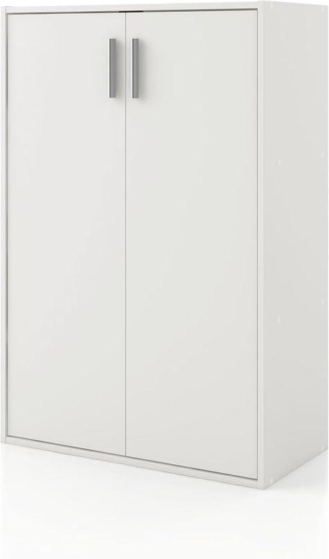 Apexa Stackable Wood Bookcase with Doors, Cube Storage Organizer Shelves, Small Food Pantry, Dorm Teen Room Decor & Bedroom, Home Office, Kitchen, 3-Tier Cabinet, White - LeafyLoom