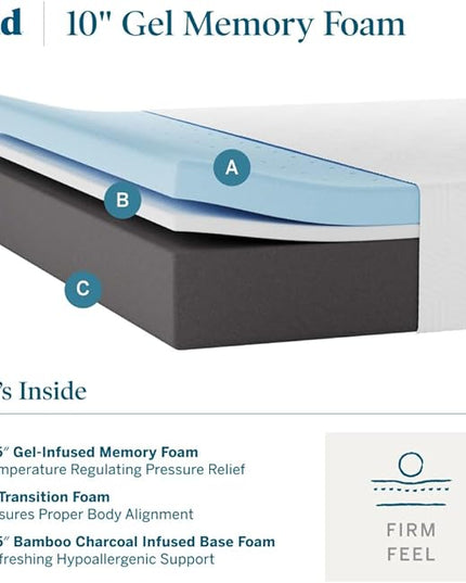 LUCID 10 Inch Memory Foam Mattress - Firm Feel - Infused with Bamboo Charcoal and Gel - Bed in a Box - Temperature Regulating - Pressure Relief - Breathable - Full Size - LeafyLoom