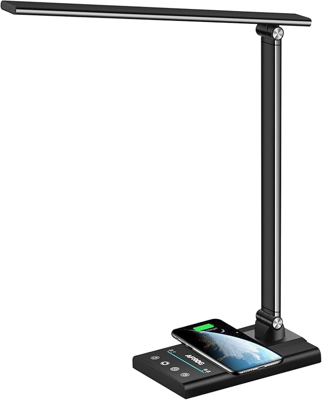 AFROG 5th Gen Multifunctional LED Desk Lamp with 10W Fast Wireless Charger, USB Charging Port,1800Lux Super Bright,5 Lighting Mode,7 Brightness, Touch Control, Auto Timer, 15W Office Table Lamp - LeafyLoom