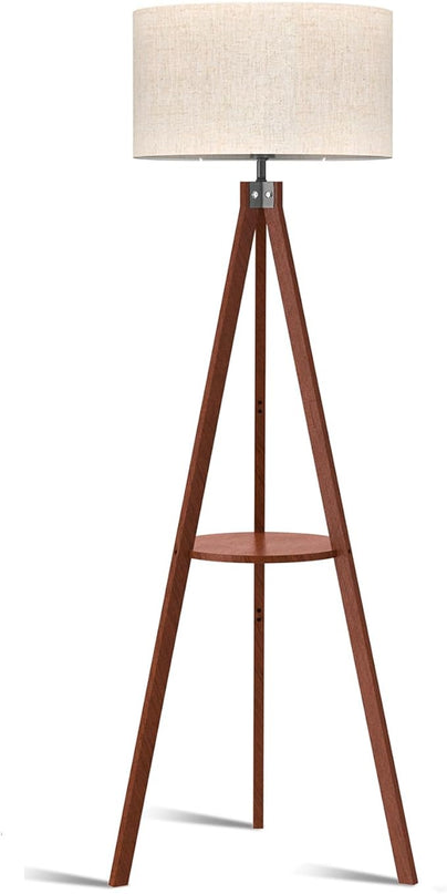 LEPOWER Tripod Floor Lamp, Mid Century Wood Standing Lamp, Modern Design Shelf Floor Lamp for Living Room, Bedroom, Office, Flaxen Lamp Shade with E26 Lamp Base Brown - LeafyLoom