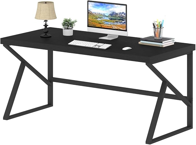 HSH Black Computer Desk, Long Home Office Laptop PC Desk, Large Industrial Metal Wood Executive Writing Gaming Workstation Desk, Modern Simple Student Study Work Table for Bedroom Living Room, 60 Inch - LeafyLoom